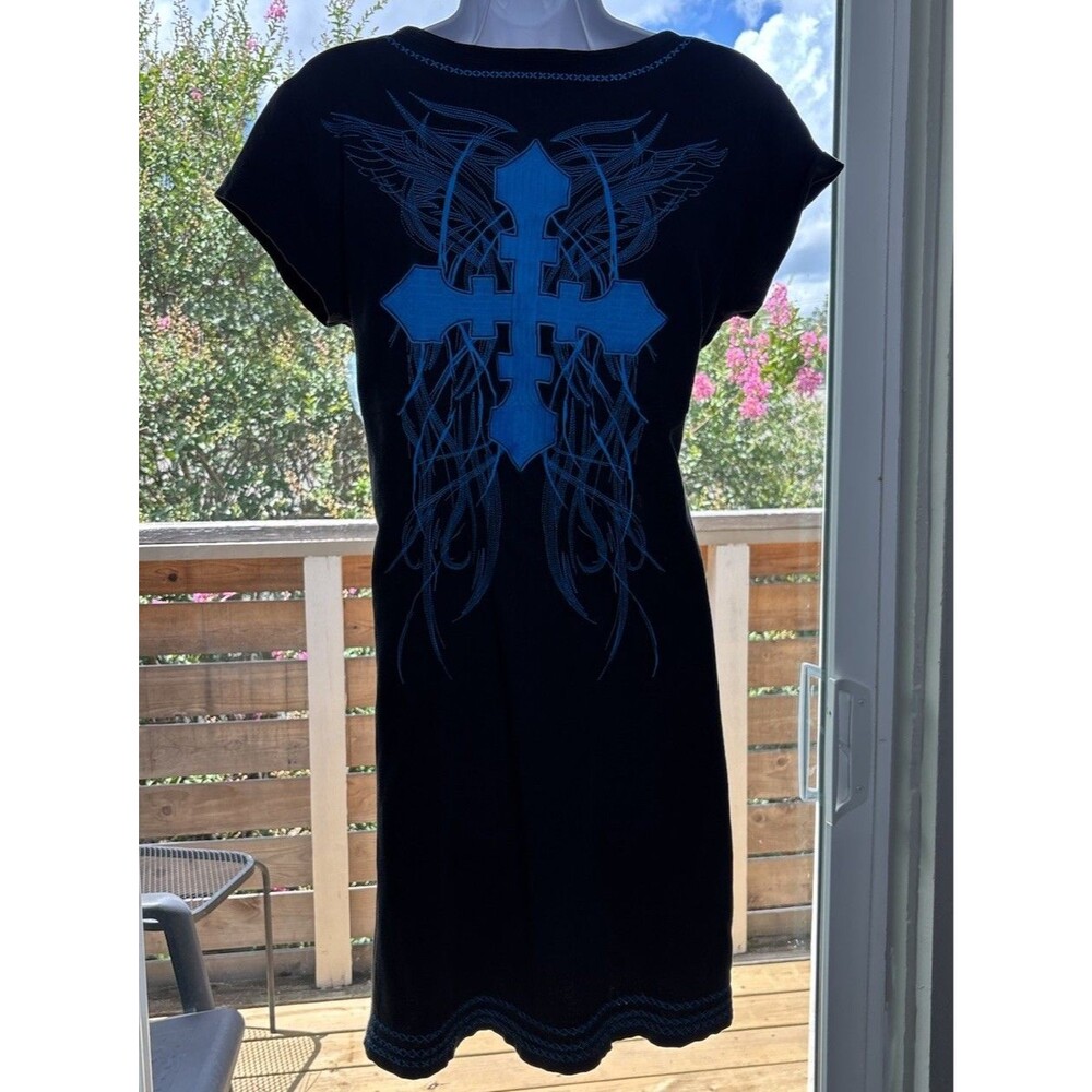 Rock & Roll Cowgirl Black Midi Dress with Blue Cross Graphic